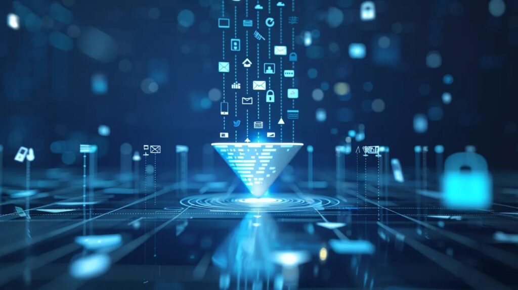a sleek, modern digital workspace featuring a flowing funnel of social media icons for automation, ai, crm, email, and chatbots, illuminated with a glowing effect against a backdrop of subtle blueprint schematics in cool tech-inspired tones of blue, white, and silver.