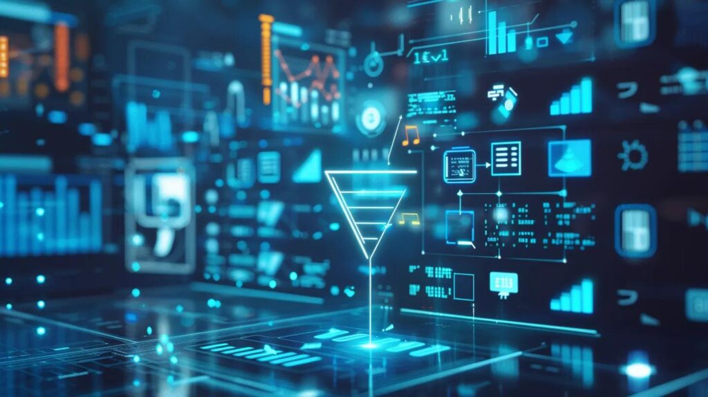 a sleek, modern digital workspace features vibrant icons for automation, ai, and crm channeling into a glowing funnel symbolizing business growth, with subtle blueprint elements in the background, all rendered in cool tech-inspired tones of blue, white, and silver for a sophisticated, minimalist look.