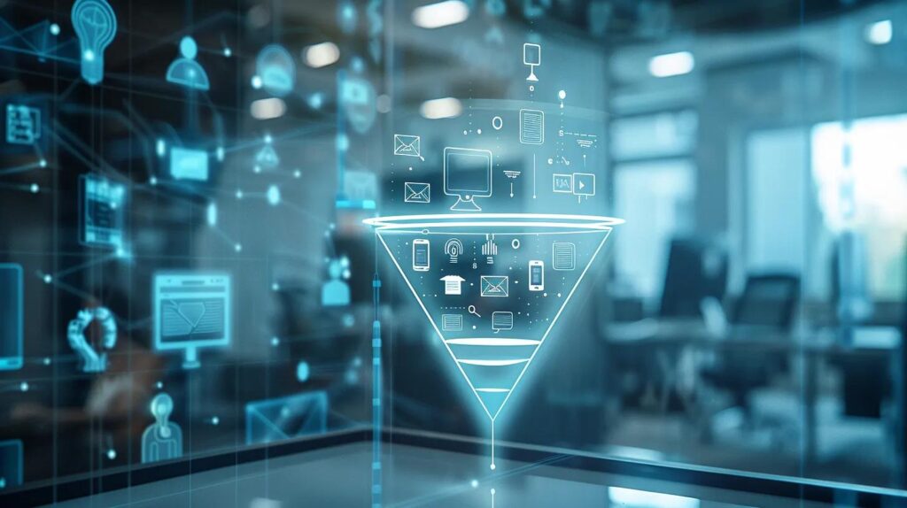 a sleek, modern digital workspace features a glowing funnel drawing in icons of automation, ai, crm, email, and chatbots, set against a subtle blueprint background in cool tones of blue, white, and silver to symbolize effective management and suppression of negative content.