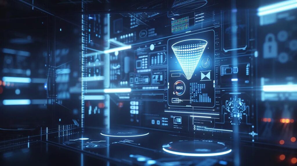 a sleek, modern digital workspace featuring a dynamic funnel integrating automated icons for ai, crm, email, and chatbots, surrounded by subtle blueprint elements and illuminated in cool blue, white, and silver tones to symbolize robust brand identity and business growth.