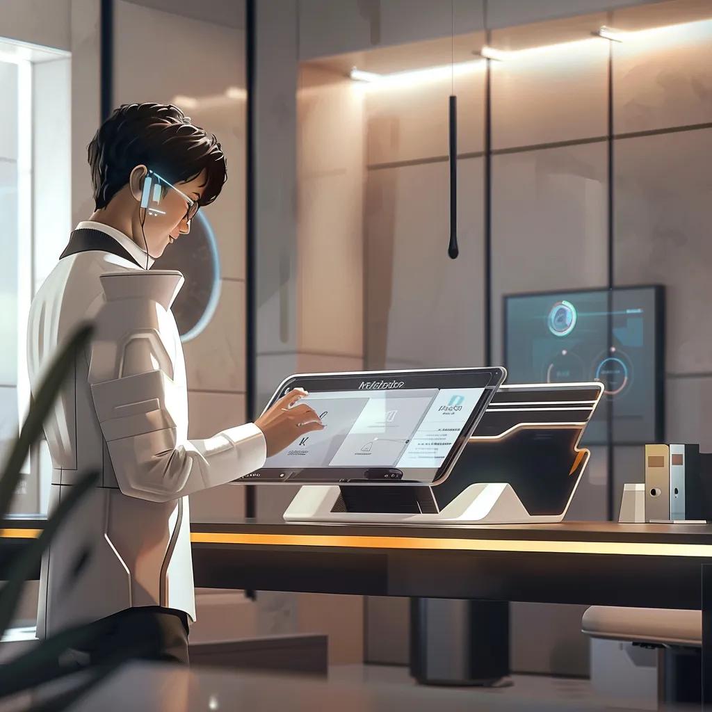 Professional using AI voice appointment scheduler in a modern office