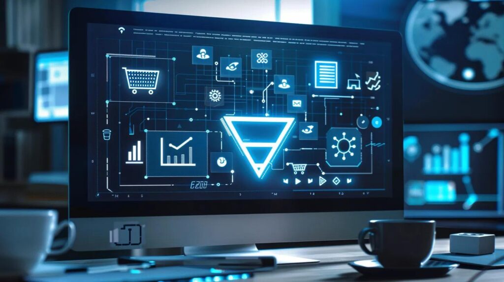 a sleek, modern digital workspace featuring a dynamic funnel where icons for automation, ai, crm, email, and chatbots converge, surrounded by subtle blueprint motifs and illuminated by cool blue, white, and silver tones to evoke a sense of professional growth and technological advancement.