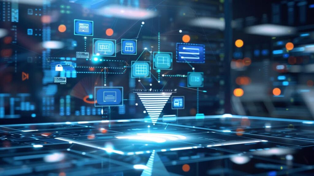 a sleek and modern digital workspace with floating icons representing automation, ai, crm, email, and chatbots converging into a glowing funnel symbolizing business growth, set against a minimalist backdrop of subtle blueprint elements in cool tech-inspired tones of blue, white, and silver.