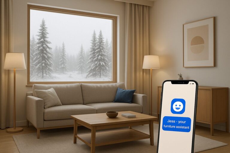 Modern Northern Ontario living room with cozy furniture and Frayze’s AI assistant Jess on screen