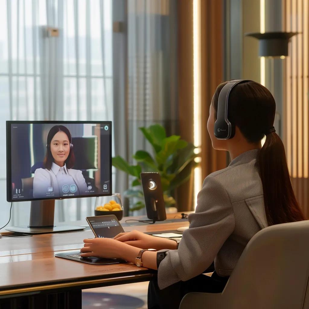 Customer service representative engaging with a client using AI voice technology