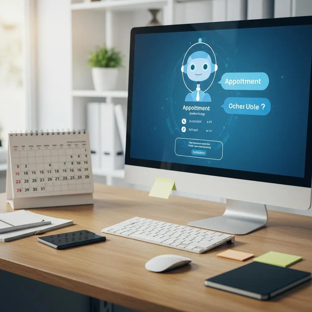 How AI Chatbots Simplify Appointment Management 2 AI chatbot interface streamlining appointment scheduling in a sleek, modern office setting