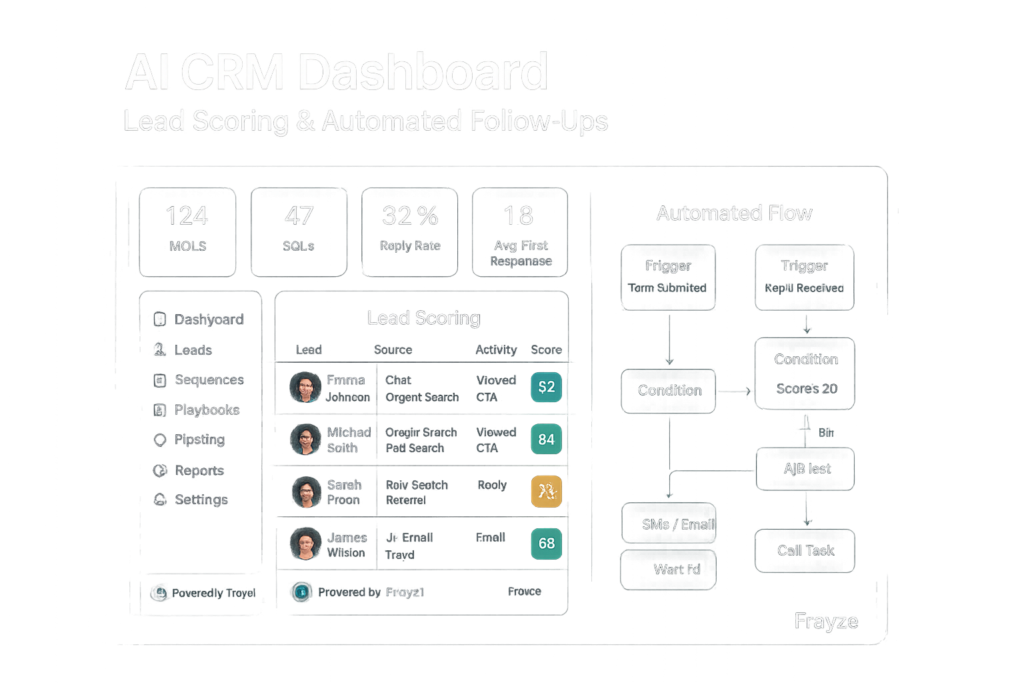 AI CRM for Small Business: Complete 2025 Guide 3 AI CRM dashboard with lead scoring and automated follow-ups.